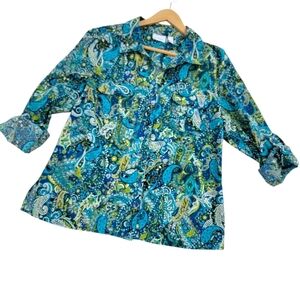 Kim Rogers Paisley Button-Up Shirt Size PL Petite Large Roll Up Tab Sleeves